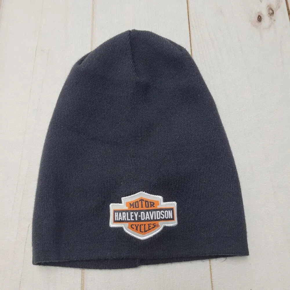 Harley Davidson kids beanie hat pull on black ribbed 4-14 cotton